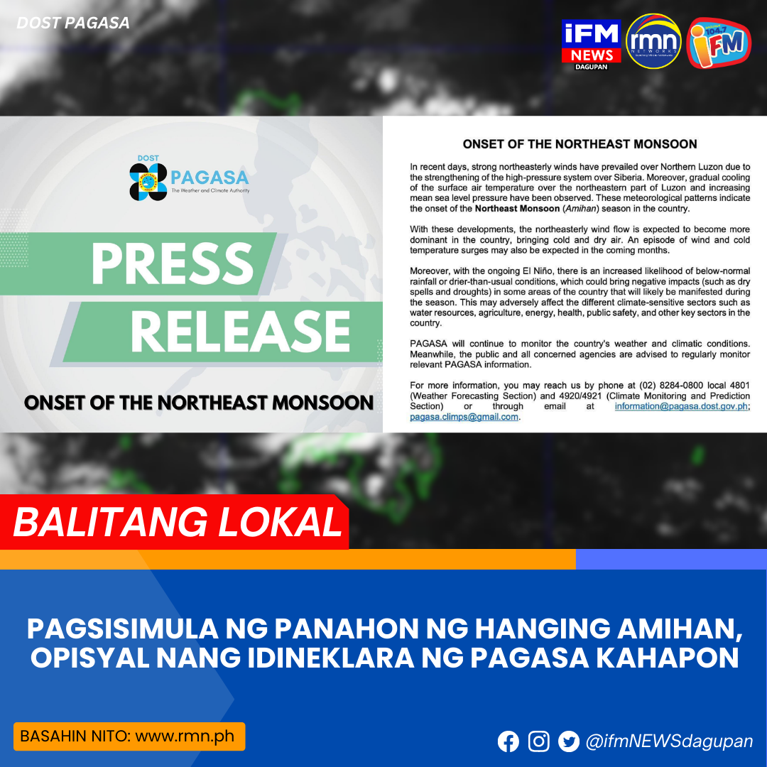 Pagsisimula Ng Panahon Ng Hanging Amihan Opisyal Nang Idineklara Ng