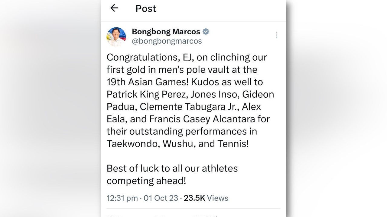 PBBM Nagpaabot Ng Pagbati Kay EJ Obiena Matapos Makakuha Ng Gold Medal