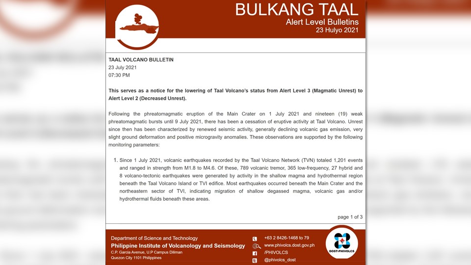 Bulkang Taal, Ibinaba Sa Alert Level 2 - RMN Networks