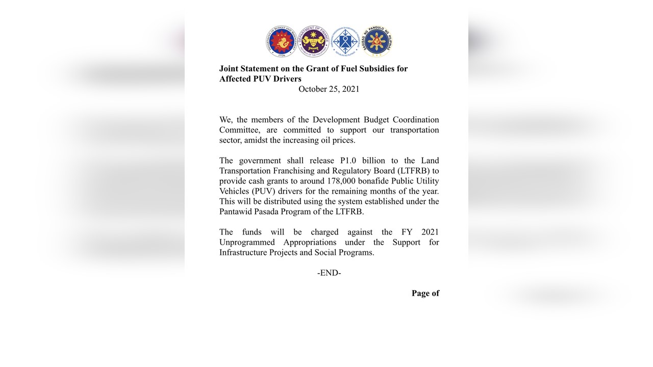 Pagpapalabas Ng P1 Billion Sa LTFRB Para Sa Fuel Subsidies, Ikinalugod ...