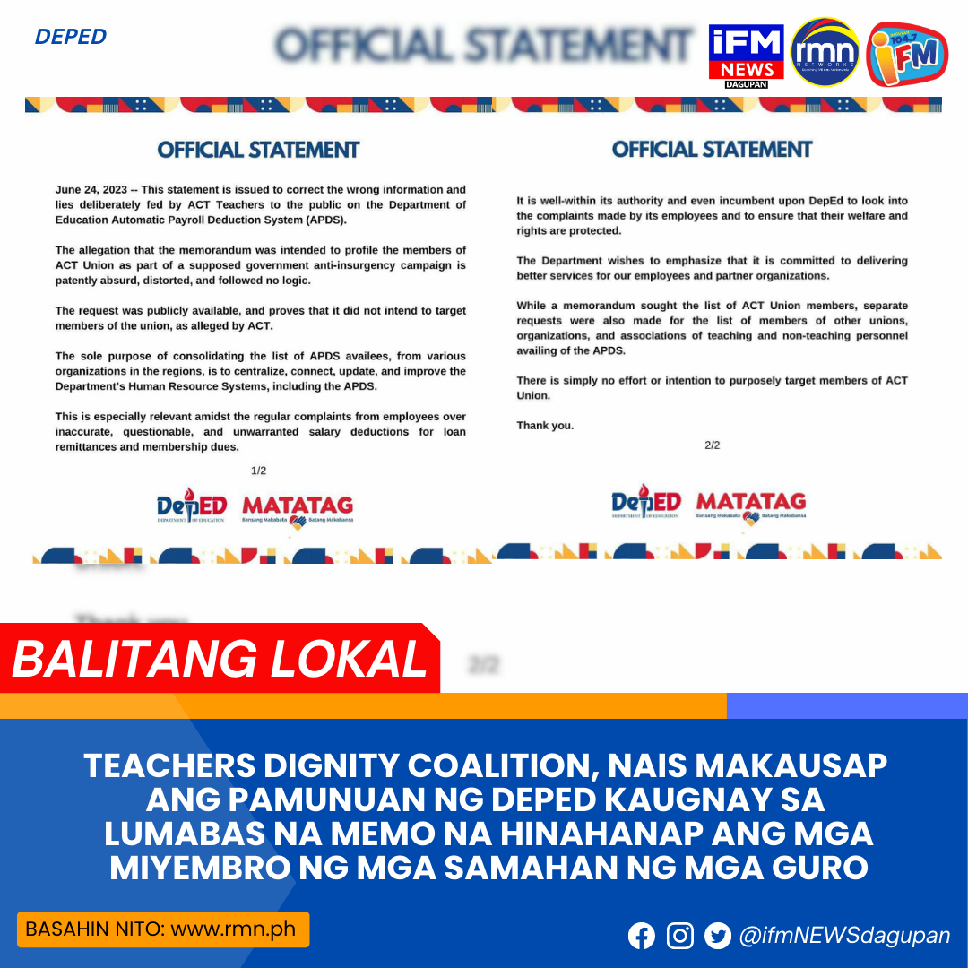 Teachers Dignity Coalition Nais Makausap Ang Pamunuan Ng Deped Kaugnay Sa Lumabas Na Memo Na 9912