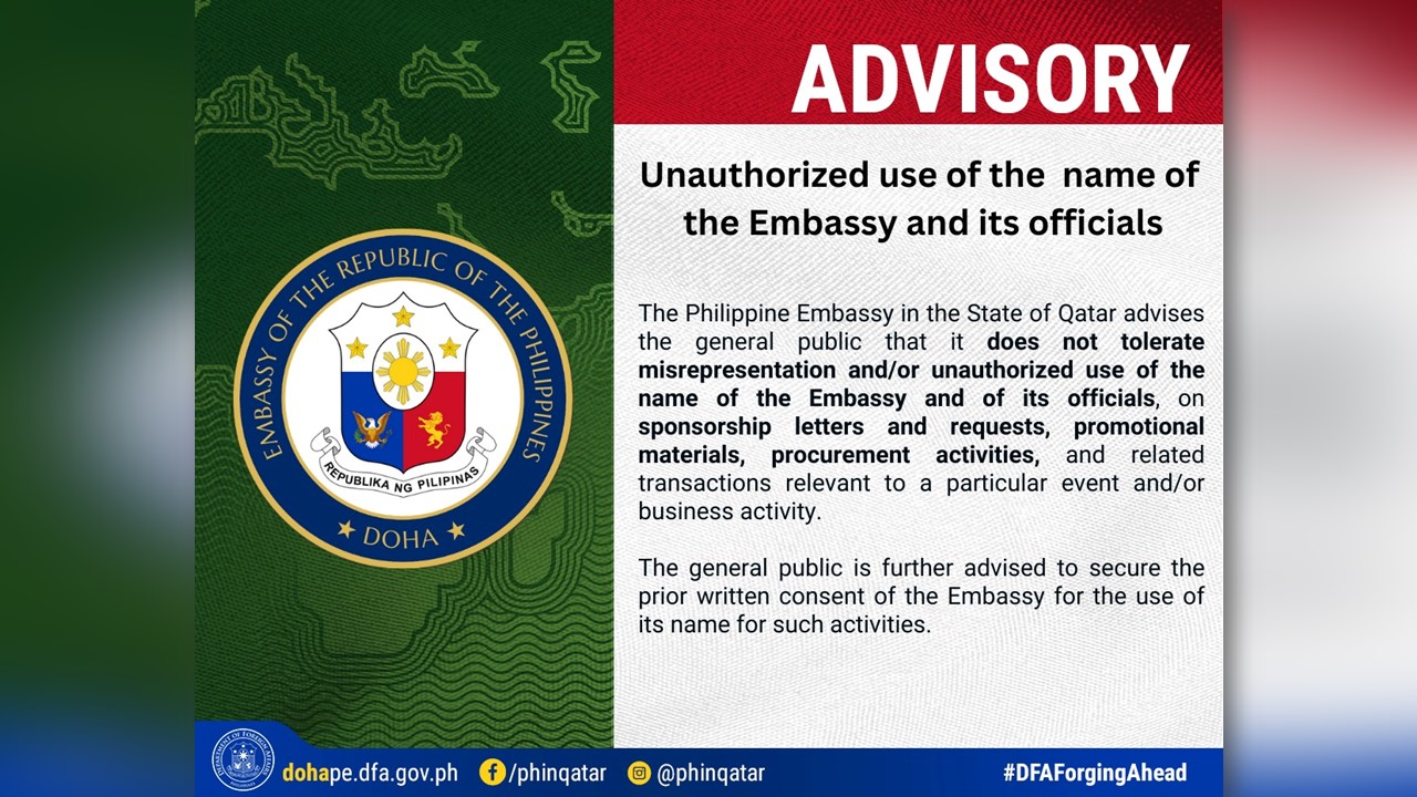 Philippine Embassy Sa Qatar Nagbabala Sa Iligal Na Paggamit Sa Pangalan Ng Embahada Sa Mga 6118