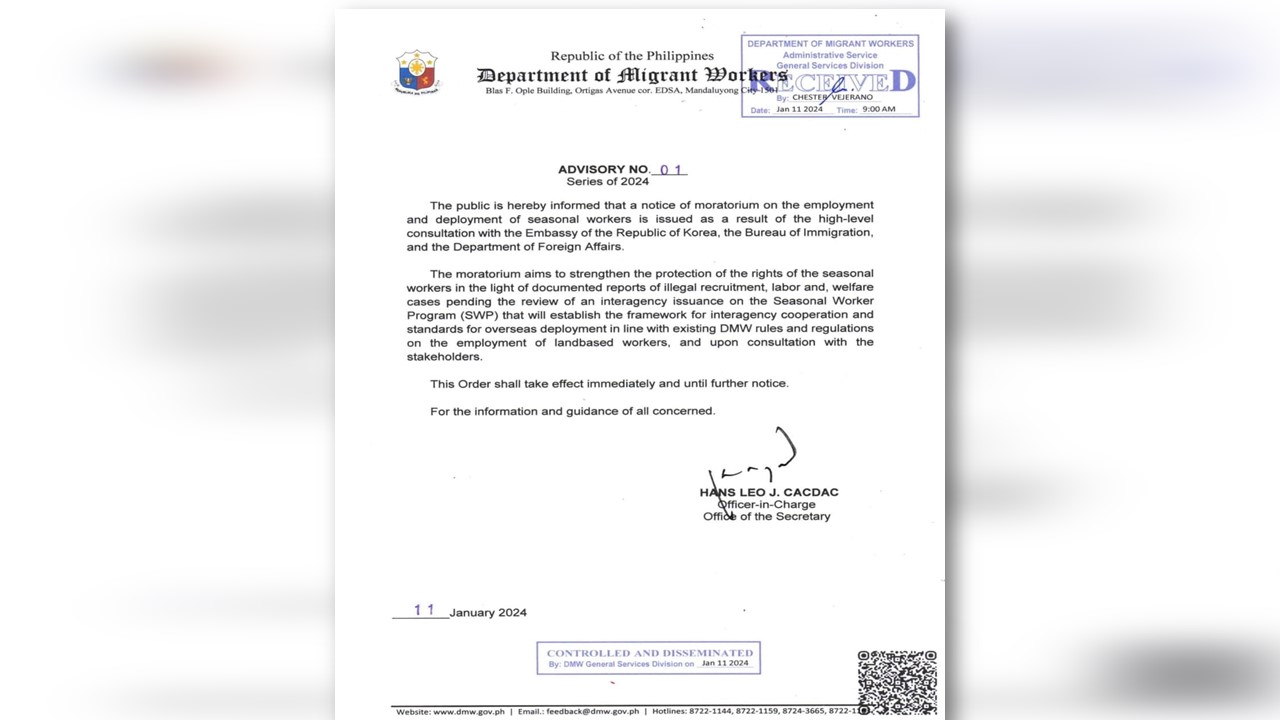 DMW, nagpatupad ng moratorium sa employment at deployment of seasonal